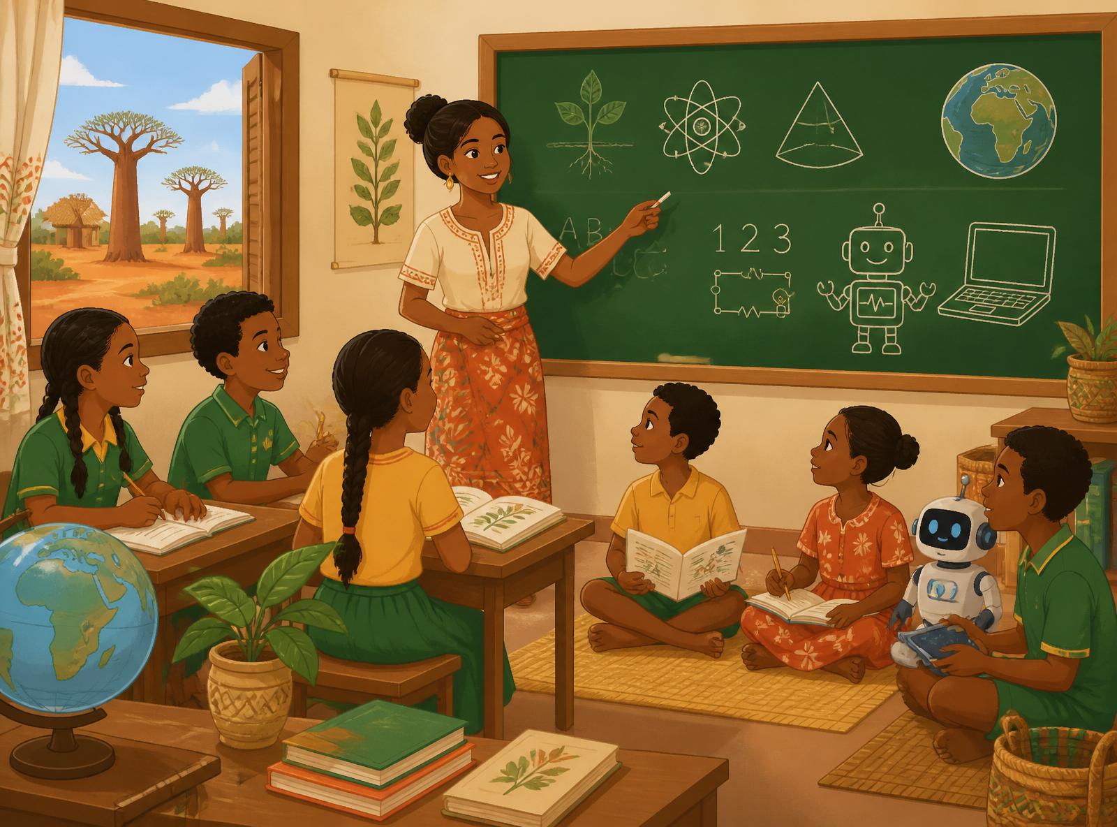 Illustration scolaire colorée montrant des élèves malgaches et leur enseignant apprenant ensemble dans une classe lumineuse, avec baobabs et paysage malgache à travers la fenêtre.